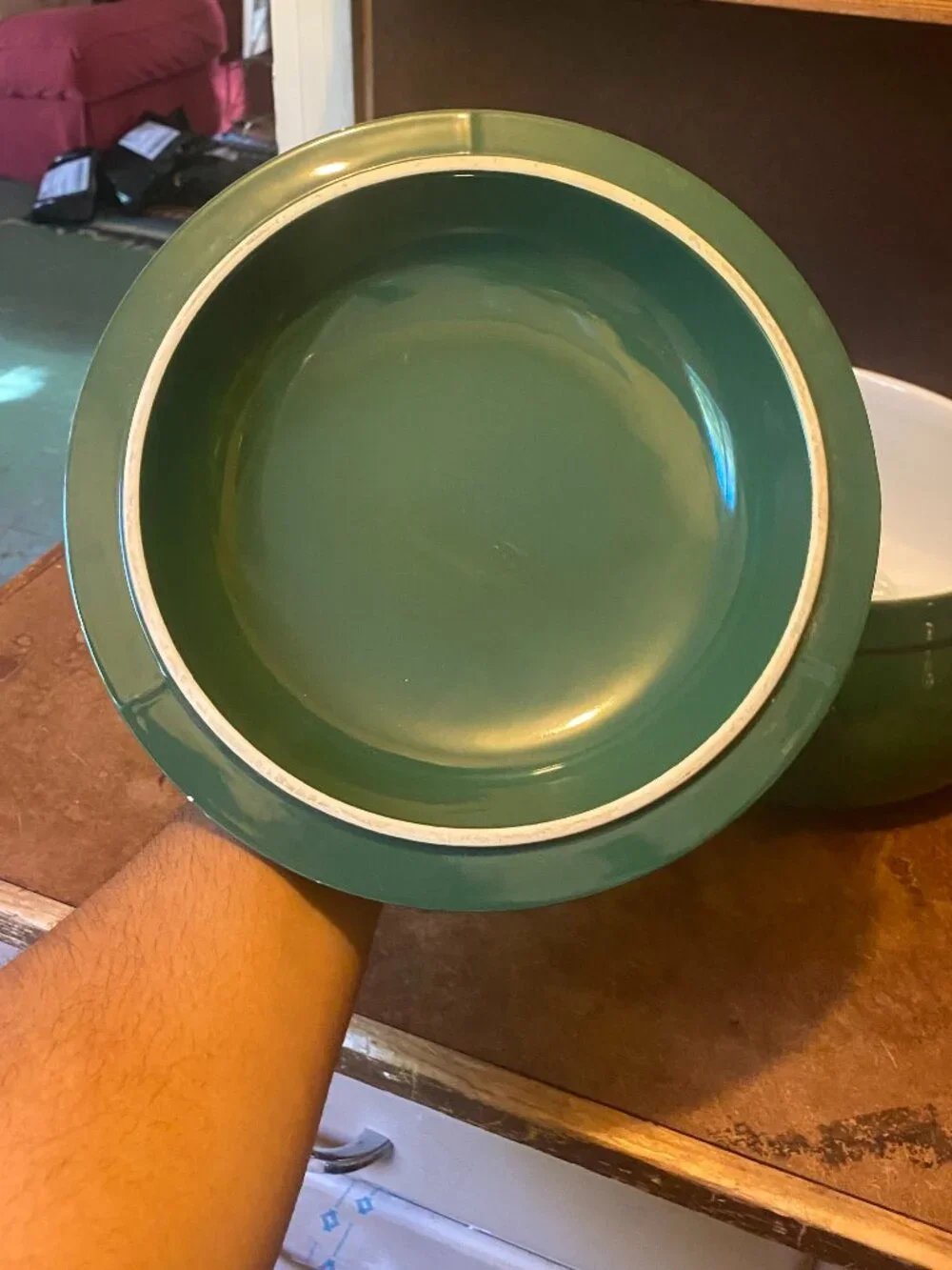 1990s Emile Henry Forest Green Round Ceramic Casserole Dutch Oven Vintage